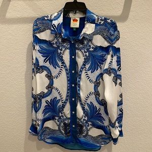 FARM Rio blue tile print button down shirt